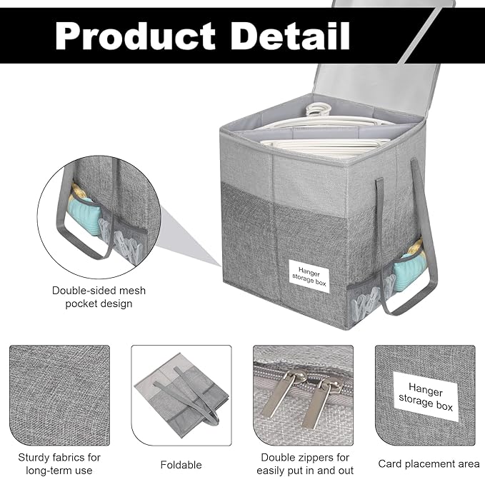 Clothes Hanger Organizer Bag with Lid,Rigid Hanger Storage Containers,Hanger Caddy Organizer Box with Handle and Label Window Keep Closet Laundry Rooms Tidy (Grey)