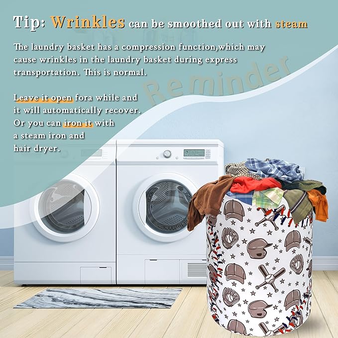 Retro Baseball Laundry Hamper Foldable With Handles Sports Theme Tote Bag Oxford Cloth Funny Laundry Basket Clothes Toy Storage Bucket 18.9"x16.5"For Bathroom/Laundry/Bedroom