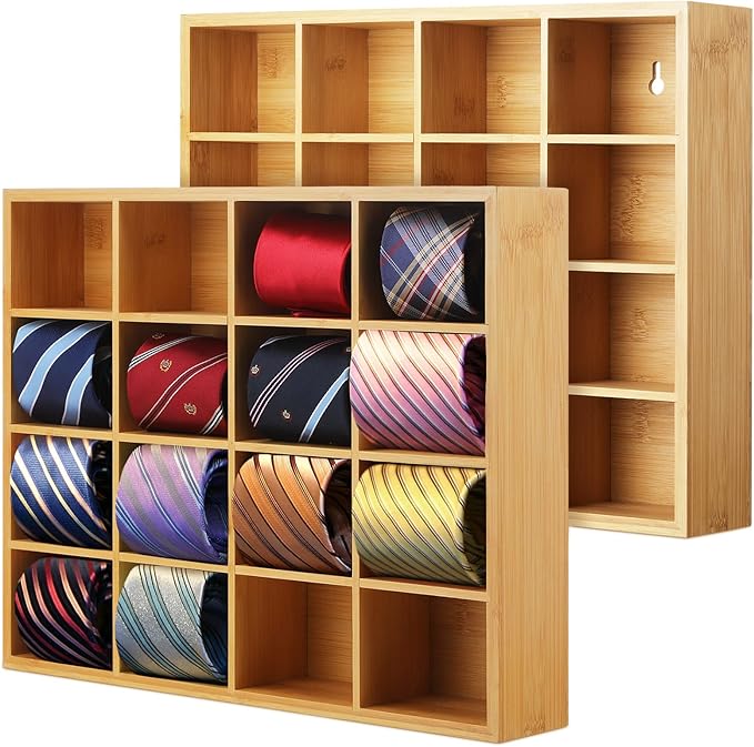 Wesiti Tie Box Organizer Wall Mounted Tie Rack with 16 Compartments Bamboo Belt Holder for Men Scarf Necktie Home Wall Closet(Wood Color,2 Pieces)