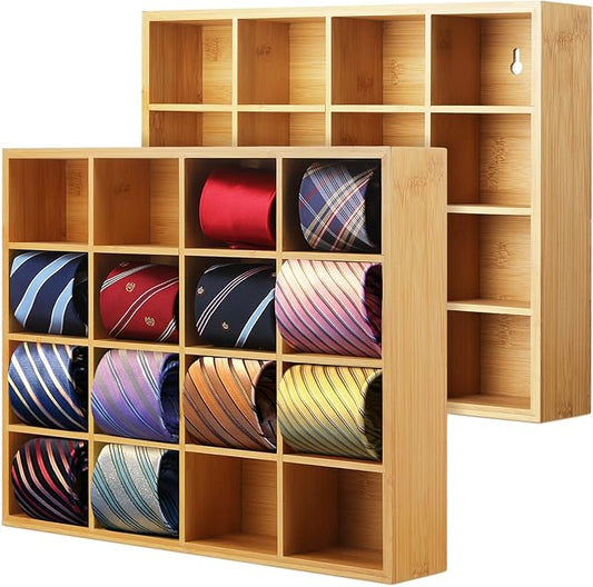 Wesiti Tie Box Organizer Wall Mounted Tie Rack with 16 Compartments Bamboo Belt Holder for Men Scarf Necktie Home Wall Closet(Wood Color,2 Pieces)