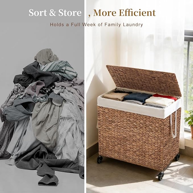3-Section Laundry Hamper with Lid, Large Capacity Woven Natural Water Hyacinth Laundry Sorter with Removable Liners, Rolling or Non-Slip Design for Bedroom (Espresso, 3-Section)
