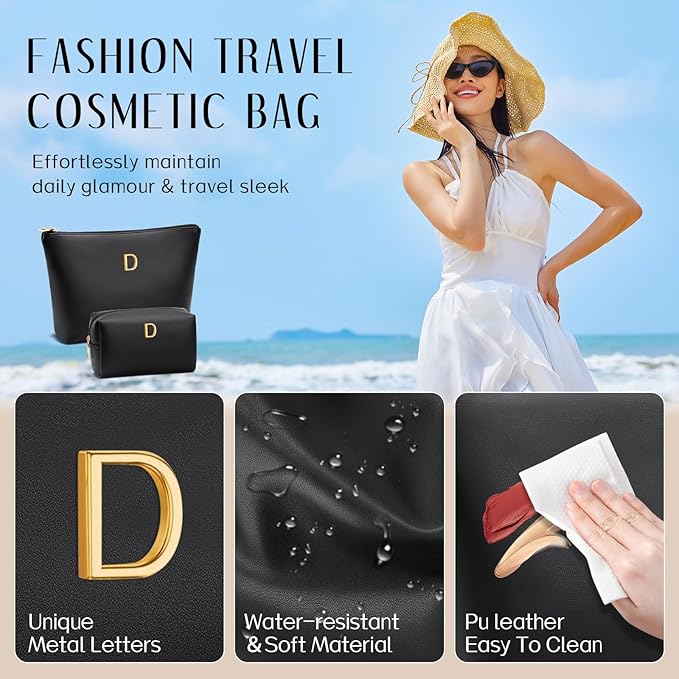 Valentine's Day Gifts for Women Girlfriend Initial Makeup Bag for Teen Girls Personalized Gifts for Friend Teacher Mom Wife Cosmetic Travel Toiletry Bag(Black,D)