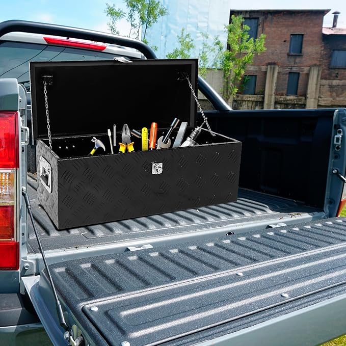 confote 30 Inch Truck Tool Box Aluminum Stripes Truck Bed Tool box for Truck,Pickup,RV,Trailer,Waterproof Storage Organizer with Side-Handles,Lock and Keys-Black
