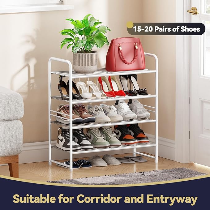 4-Tier Stackable Shoe Rack, Metal Shoe Shelf Storage Organizer,White