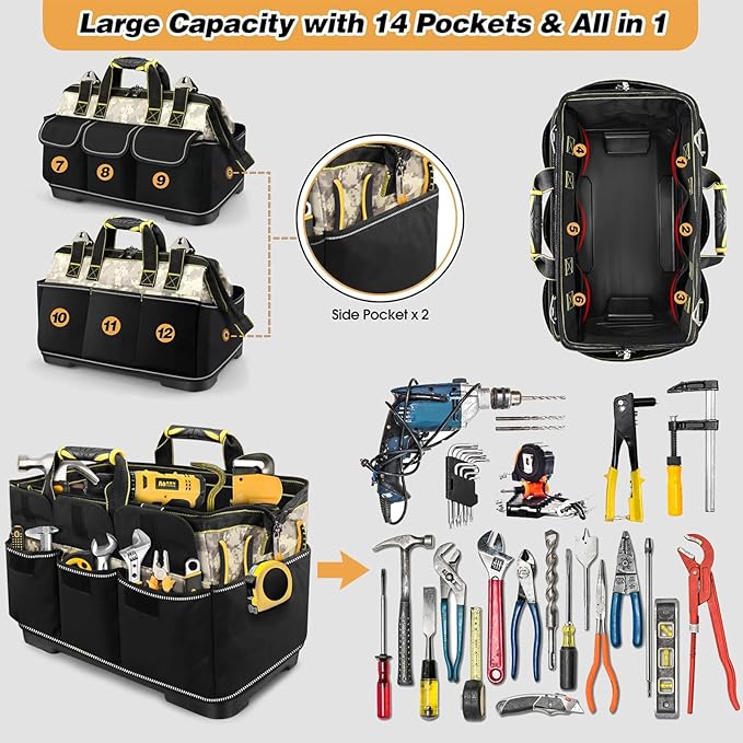 15 Inch Open Top Tool Tote Bag with Hard Bottom, Waterproof Electrician Tool Tote, Wide Mouth Tool Organizer with 15 Pockets, Heavy Duty Molded Base, Reflective Tool Bag for Men