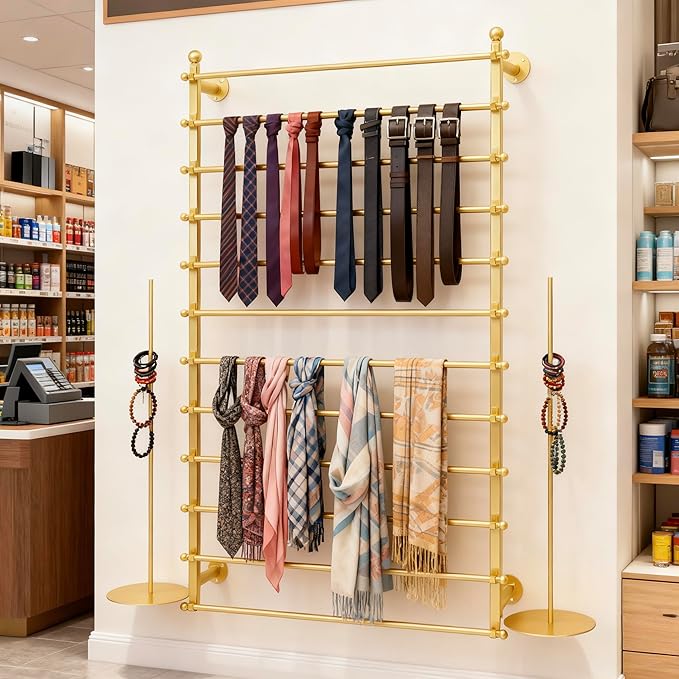 12 Layers Gold Wall Display Stand Wrapping Paper Ribbon Organizer Tie Scarf Rack Belt Towel Holder Spool Hijab Stand Metal Shelving for Home, Retail Stores, Flower Shop, Studio, Sewing-80cm