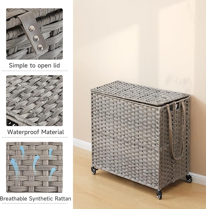 Laundry Hamper with Wheels, 39.6 Gallon(150L) Rolling Laundry Basket with Lid, Removable Large 2 Color Liners & 3 Mesh Laundry Bags, Clothes Hamper with Side Pocket, Grey