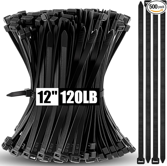 500 Pcs 12 Inch Zip Ties Heavy Duty 120 Lbs Tensile Strength Black Nylon Wire Cable Ties Bulk for Indoor Outdoor
