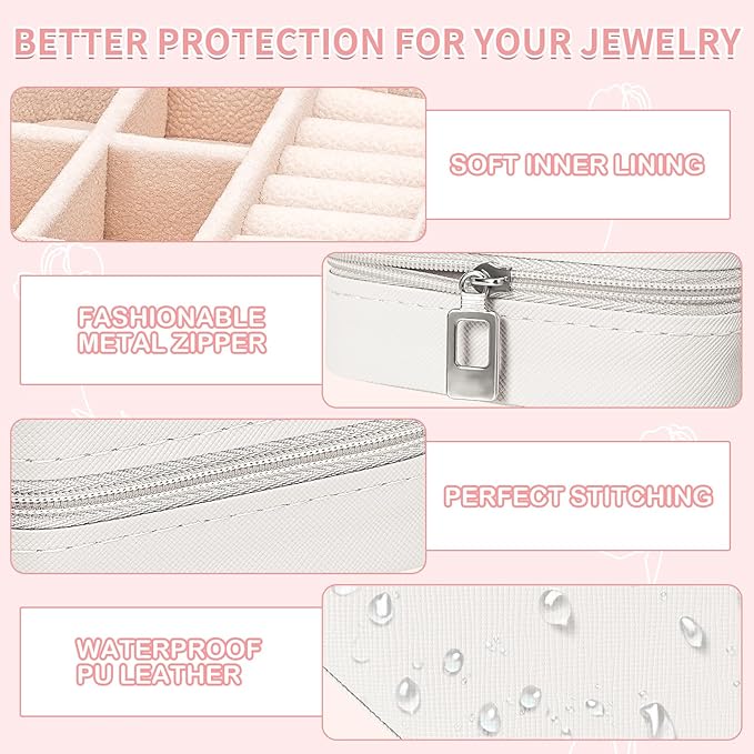 Leezmark 8 Pcs Jewelry Travel Case, Bridesmaid Gifts Set Of 8, Velvet Portable Jewelry Travel Organizer Small Bridesmaid Proposal Gifts Box Mini Storage Organizer Box, Beige-white