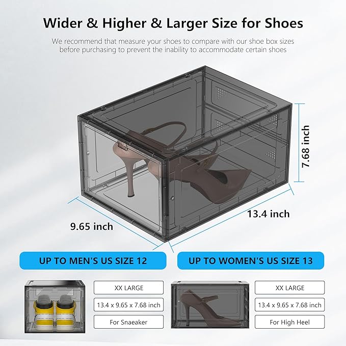 12 Pack Hard Sturdy Thickened Rigid XX Large Shoe Storage Organizer for Closet, Clear Stackable Sneaker Shoe Boxes Rack Containers Display Case Bins with Lids, Grey02