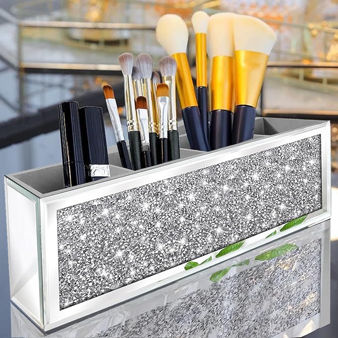Mirror Hair Dryer Holder.（4 compartments）.Crystal Crush Diamond Hair Tool Organizer Wall Mount. Silver Bathroom Cabinet Tray for Blow Dryers, Hairdryer Straightener, Brushes (14.6”x4”x5”)