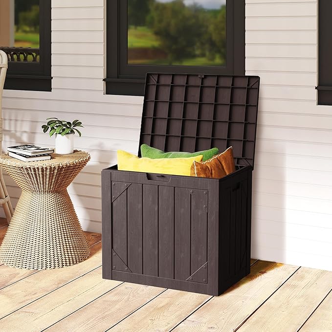 31 Gallon Resin Deck Box Waterproof Outdoor Storage Box for Patio Furniture Pool Accessories Indoor Storage for Cushion Garden Tools, Brown