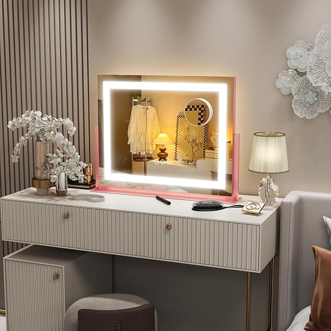 FENNIO Vanity Mirror with Lights 22''x18'' Makeup Mirror with Lights,Lighted Makeup Mirror with 10X Magnification，Smart Touch Screen with 3-Color Lighting,Dimmable（Square Pink）