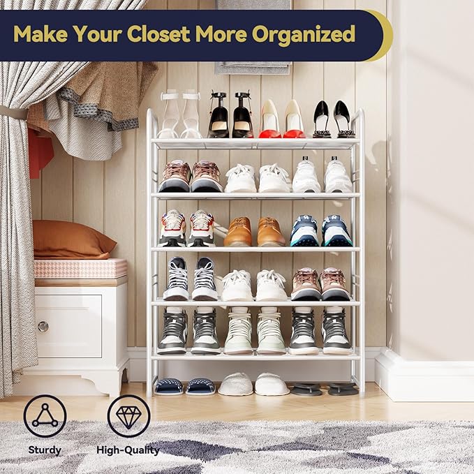 5-Tier Stackable Shoe Rack, Metal Shoe Shelf Storage Organizer, White