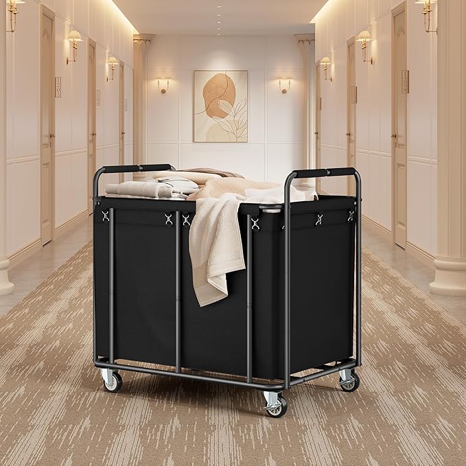 Tajsoon Rolling Laundry Hamper, 450L Extra Large Laundry Basket with Wheels, Heavy Duty Laundry Cart with Metal Frame, Commercial Laundry Cart for Laundry Storage, Hotel, Bathroom, Bedroom, Black