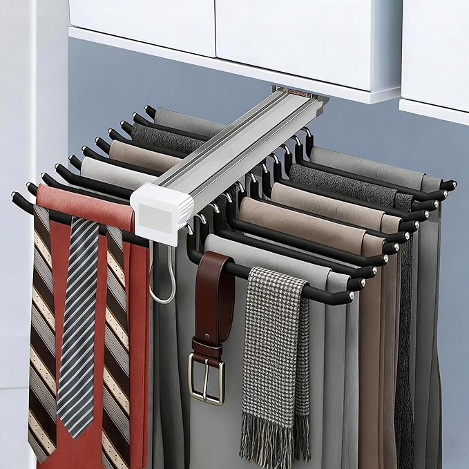 22 Arms Steel Slide Out Pants Rack Closet Pants Hanger Bar Pull Out Trousers Rack Tie Belts Scarf Racks, Top Mounted Wardrobe Clothes Organizers Rail Pull Out Closet Storage Rod-Black