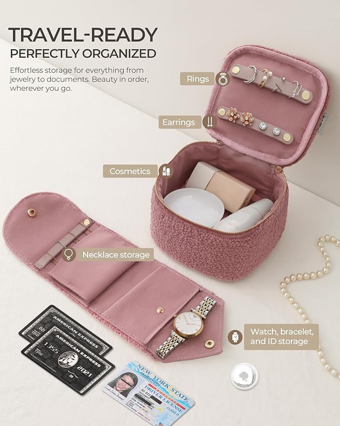 Travel Jewelry Case, 2-In-1 Small Jewelry Organizer Travel Jewelry Storage with Foldable Jewelry Roll for Earrings Rings Makeup, Travel Essentials Gifts for Women Girl, Lavender