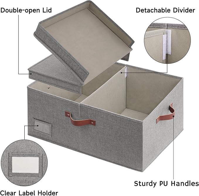 GRANNY SAYS Large Storage Bins with Lids, Decorative Storage Boxes, Collapsible Fabric Storage Bins with Double-Open Lid and Divider, 63L Linen Sorage for Closet, Dark Gray