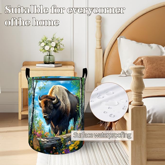 Strong Bison in Birch Forest with Floral Laundry Basket 19.7"x15.7", Collapsible Dirty Clothes Waterproof Laundry Hamper Organizer Toy Storage Bin for Dorm Nursery Bathroom Decor