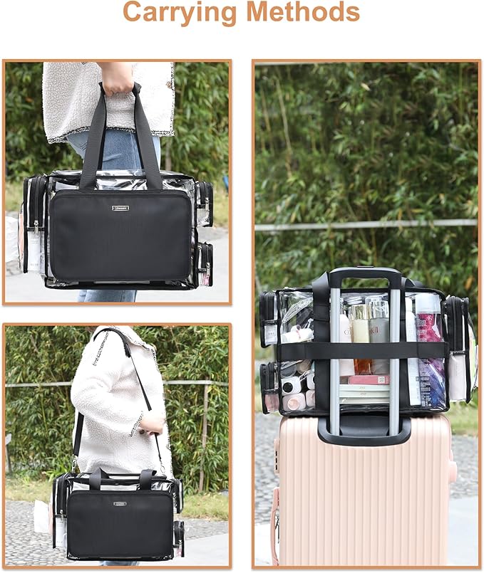 Relavel Clear Makeup Bag with 2 Clear Pouches, Extra Large Makeup Artist Kit Set, Cosmetic Storage Organizer Hair Stylist Traveling Bag, Transparent Tote Duffle Beach Toiletry Bag with Shoulder Strap