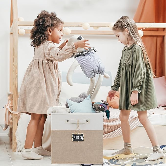 Storage Cubes,13x15x13 storage cube bins Set of 4,Foldable Fabric Storage Cubes with Labels,Linen Cube Storage Organizer Bins Kallax Storage Cubes for Organizing Shelves Cabinet(White Khaki).