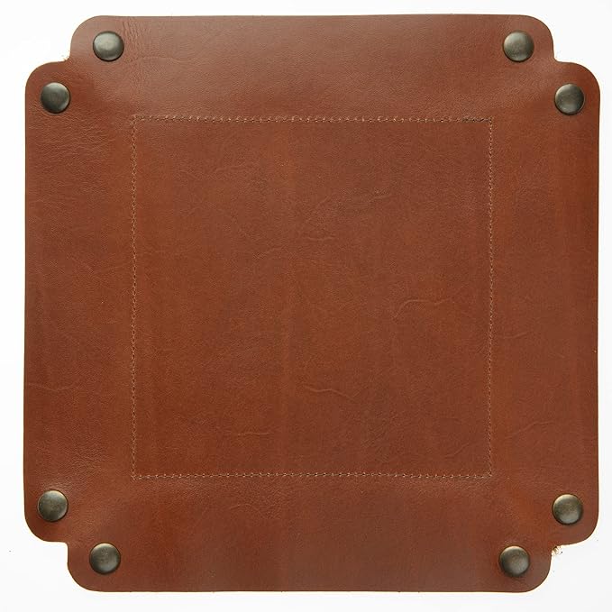 USA Handmade Premium Leather Valet Tray, Folds Flat! Dice Rolling Basket and Organizer with Brass Snaps (Old English Chestnut, Large)