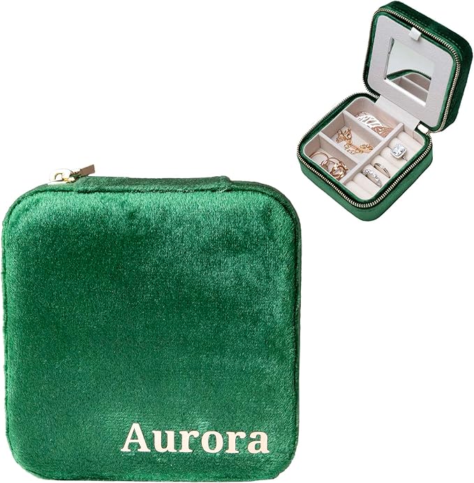 Customizable Compact Velvet Jewelry Box with Mirror, Travel Jewelry Case, Travel Jewelry Organizer, Jewelry Box for Women and Girls, Small Jewelry Organizer (Bottom Right Text, Emerald Green)