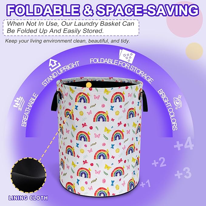 Rainbow Butterfly Laundry Basket Cartoon Oxford Cloth Laundry Hamper Funny With Handle Foldable Portable Clothes Storage Basket 18.9 X 16.5 In Storage Bag For Laundry Room/Bathroom/Bedroom/Dormitories