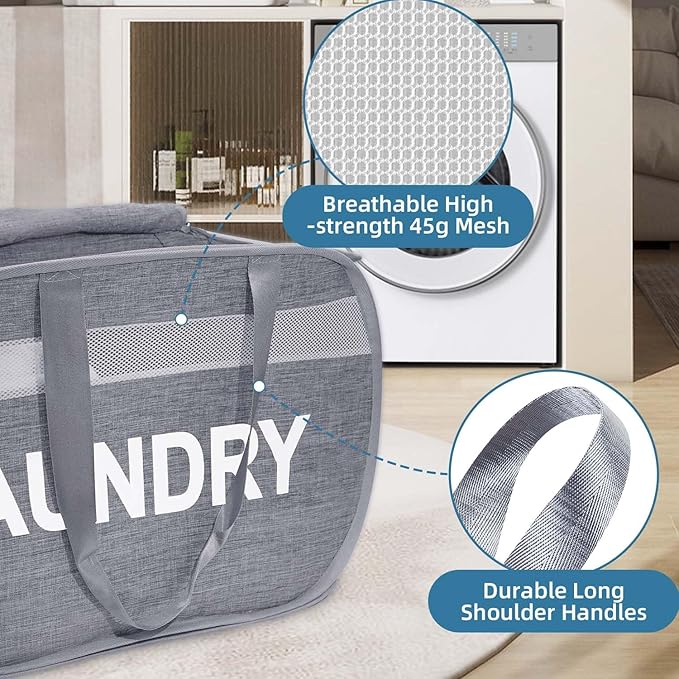 Collapsible Laundry Basket 2 pack, Foldable Pop Up Grey Laundry Baskets Mesh with Lid & Handle, Pop Up Collapsible Laundrys Hamper, Fabric Laundrys Baskets for Dorm, Travel, Bathroom