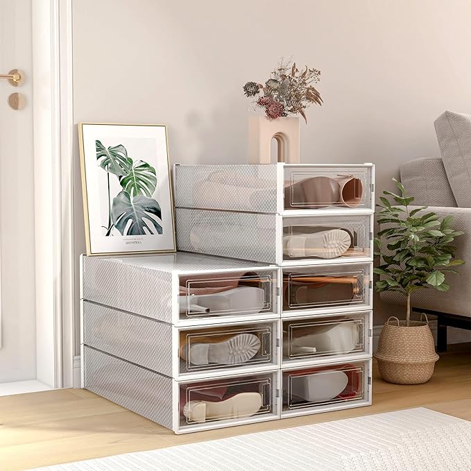 PARANTA 8-Piece Extra Large Boot and Shoe Storage Boxes, Stackable Clear Plastic Shoe Organizer, Space-Saving Shoe Boxes for Boots, Sneakers, and High Heels, Clear