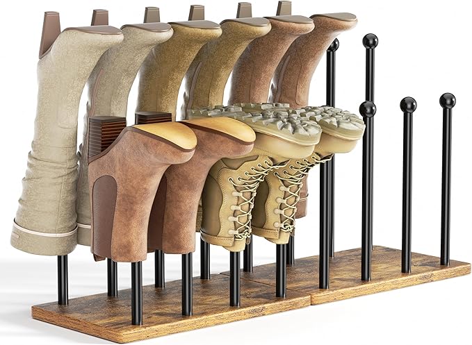 pickpiff Boot Rack 8-Pair Shoe Organizer Tall 16.4'' Free Standing Shoes Holder Metal With Wood Base