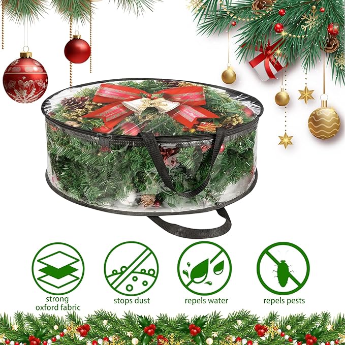 SHUESS 5 Pack Clear Wreath Storage Bags, 24 x 8 Inch Christmas Wreath Storage Container, Heavy Duty PVC Wreath Protector with Dual Zippered and Reinforced Handle for Holiday Seasonal Wreath Garland