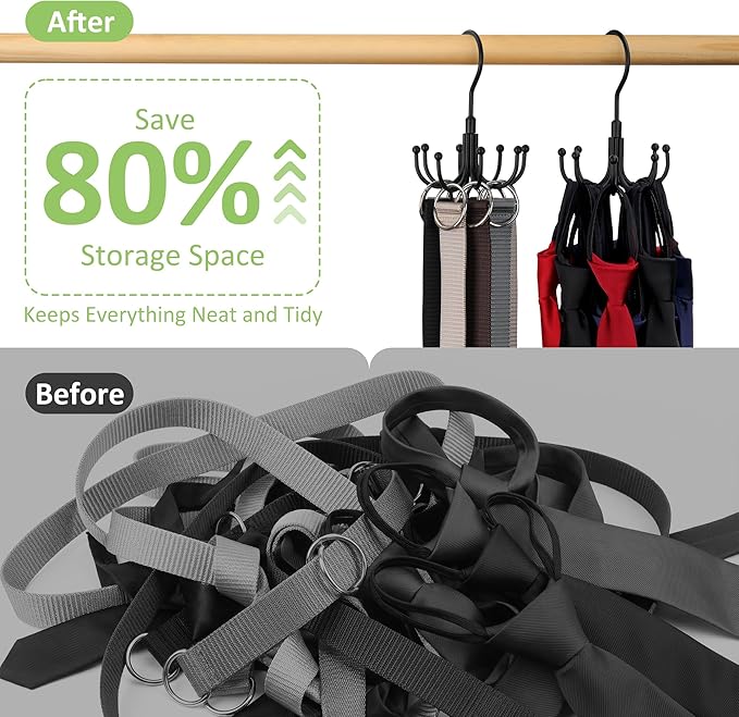 Belt Hanger, Rotatable Belt Organizer for Closet, Accessories Rack, Space Saving Hanging Holder Storage Hook for Belt, Tie, Scarf, Purse, Bra, Tank Top, Black