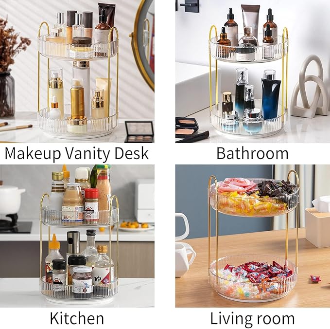 360 Rotating Makeup Organizer for Vanity, Bathroom Countertop Spinning Perfume Organizer, High-Capacity Cosmetic and Skincare Dresser Make Up Holder Rack (2 Tiers, White)