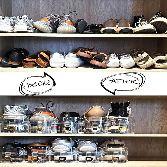 Shoe Slots Organizer,Adjustable Shoe Stackers,12 Pack Shoe Space Savers,Shoe Storage Holder for Closet,Transparent