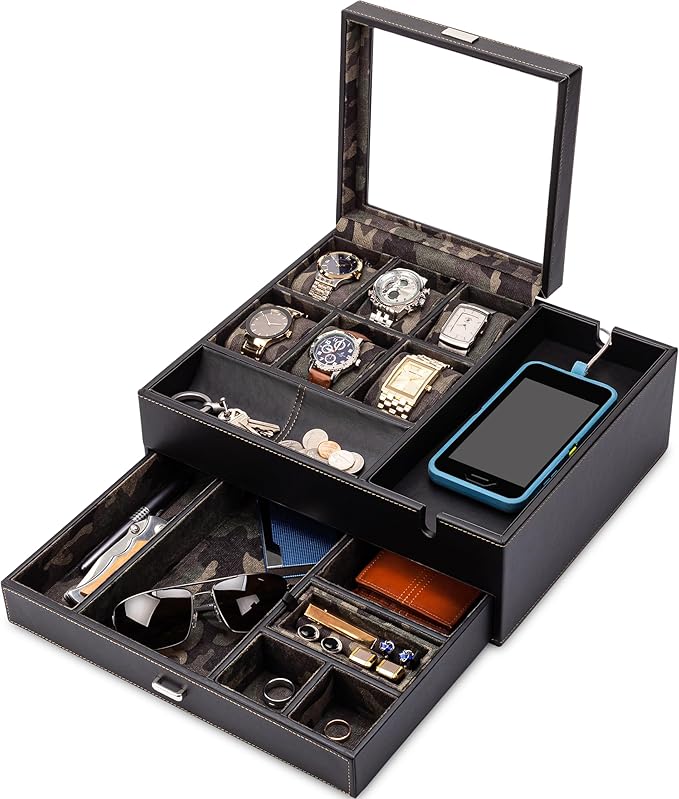 HOUNDSBAY Commander Dresser Valet Watch Box Case, Camo Gifts for Men, Mens Jewelry Box Organizer