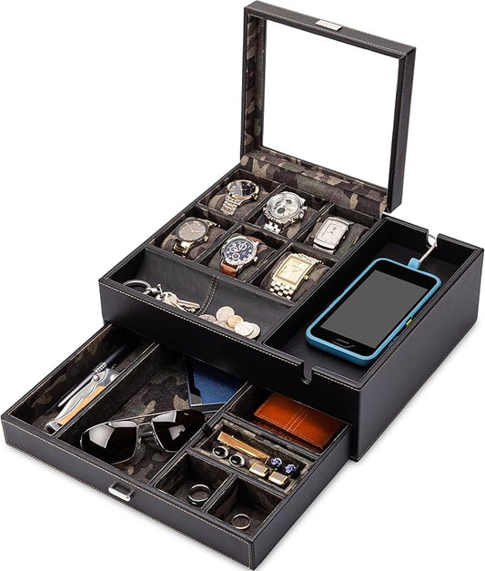 HOUNDSBAY Commander Dresser Valet Watch Box Case, Camo Gifts for Men, Mens Jewelry Box Organizer