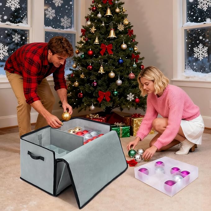 BALEINE Christmas Ornament Storage Box with Dividers, Premium Holiday Ornaments Storage Container Bin for Xmas Decorations (128 Ball, Green, Soft)