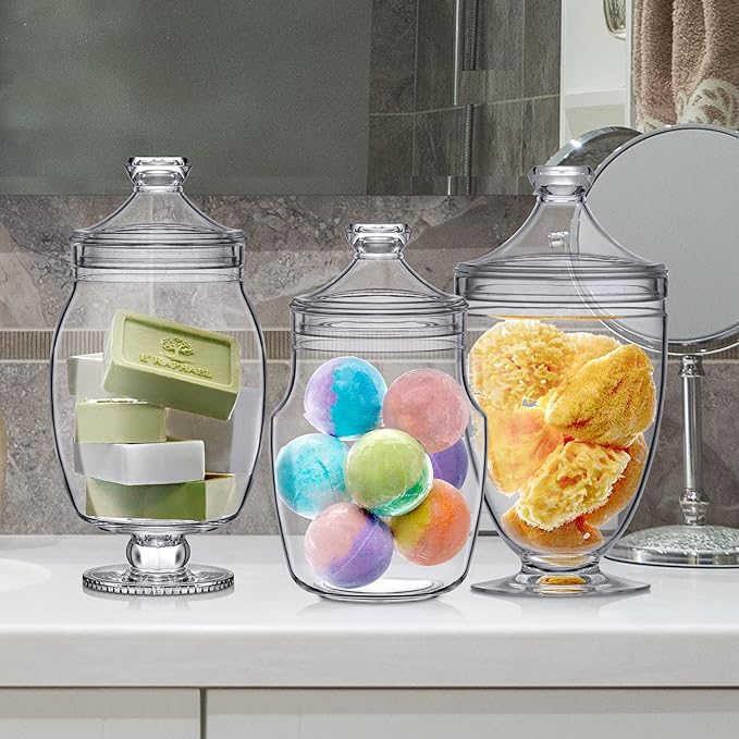Amazing Abby - Keep - Acrylic Apothecary Jars (3-Piece Set, 52/50/46 oz) (NOT Glass), Plastic Jars with Lids, Bathroom Canisters, Candy Buffet, Wedding Display, BPA-Free and Shatter-Proof