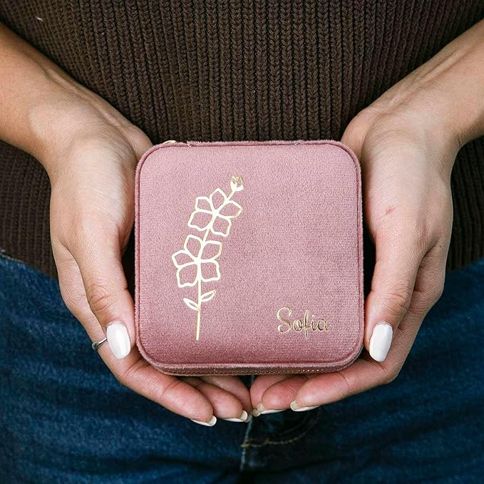 Customizable Compact Velvet Jewelry Box with Mirror, Travel Jewelry Case, Travel Jewelry Organizer, Jewelry Box for Women and Girls, Small Jewelry Organizer (Flower Design, Nude Pink)