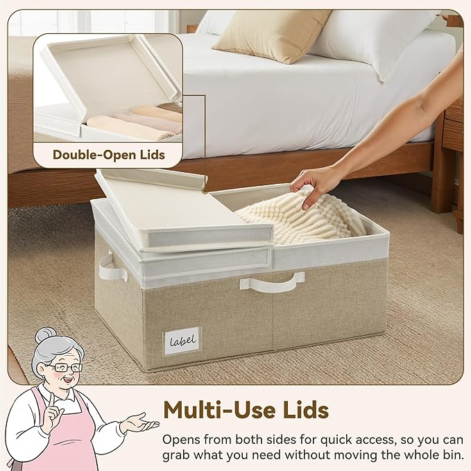 GRANNY SAYS Decorative Storage Boxes with Lid, Large Storage Bins with Double-Open Lid, Fabric Storage Bin for Clothes, 63L Closet Linen Storage Bin, White/Khaki