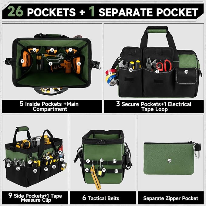 Tool Bag,16-Inch Heavy Duty Tool Bags for Men,27 Pockets Tool Box Organizer Storage,Wide Mouth Toolbag Tools Tote Carrying Case for Dad,Mechanic,Electrician