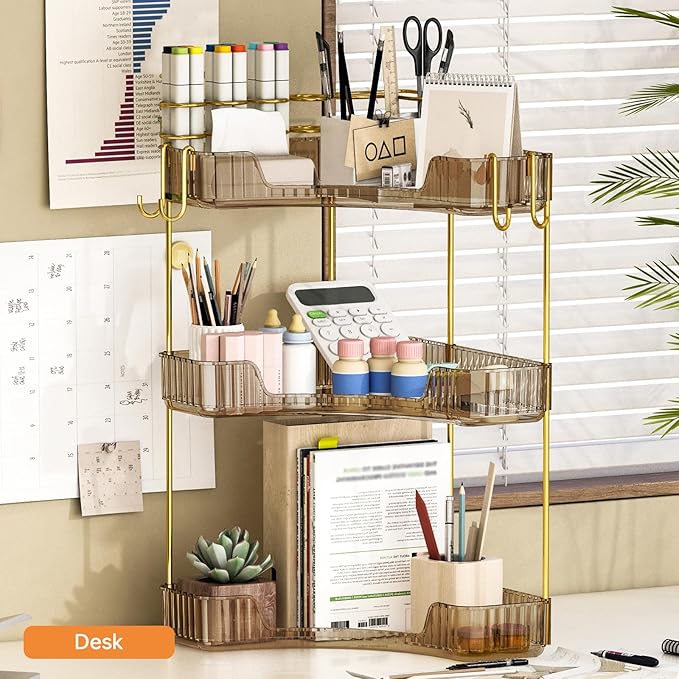 3-Tier Corner Bathroom Counter Organizer，Makeup & Skincare Shelf with Built-in Brush Holder，Space-Saving Bathroom Countertop Organizer for Skincare, Perfume, Cosmetics(Green)