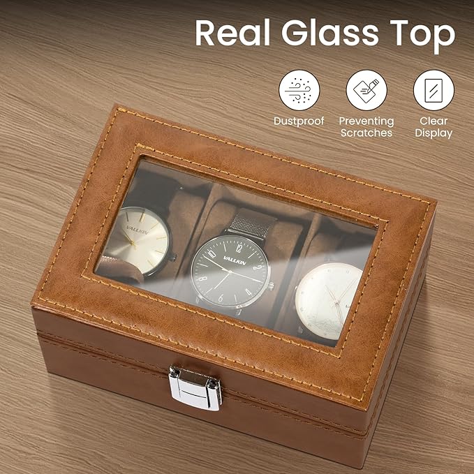 Uten 3-Slot Watch Box, PU Leather Watch Case with Glass Lid, Watch Holder Organizer with Soft Pillow and Velvet Lining, Watch and Jewelry Storage Box, Brown