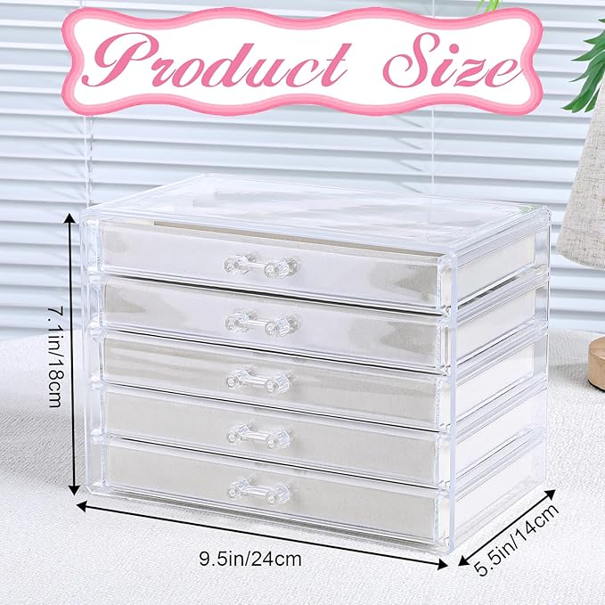 5 Layer Acrylic Necklace Storage Drawer, Dustproof Jewelry Box Organizer with 5 Drawers Dustproof Necklaces Box Clear Acrylic Jewelry Boxes for Women Girls Ring Necklace Earring Bracelet Organizers