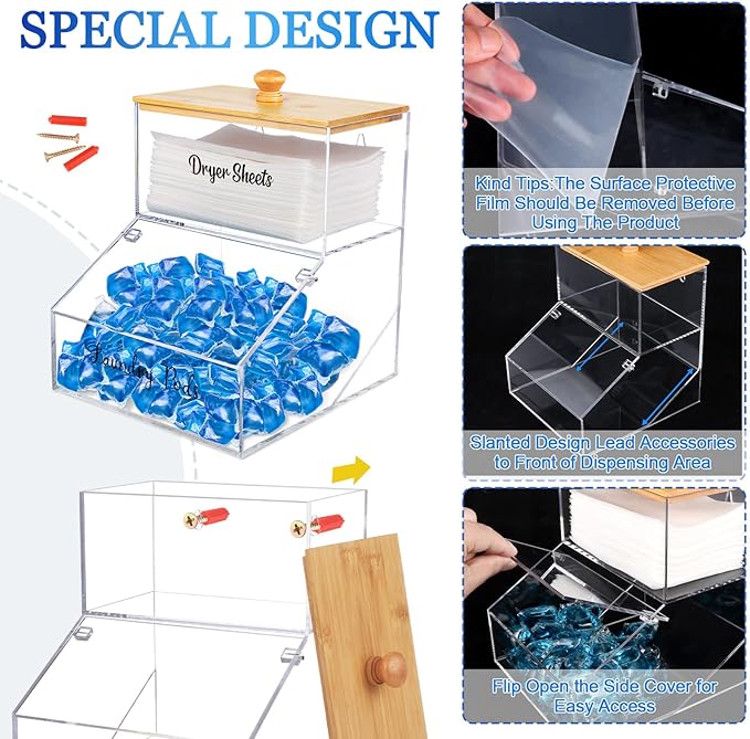 2 In 1 Laundry Pods Container & Dryer Sheet Holder, Acrylic Dryer Sheet Container with Bamboo Lid, Clear Dishwasher Pod Holder with Stickers for Laundry Room, Kitchen, Home