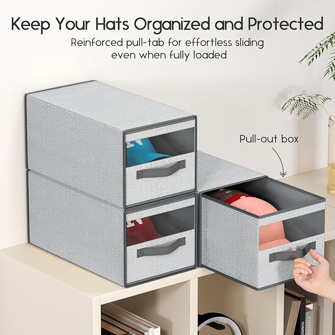 Hat Organizer for Baseball Caps - 2 Pack Pull-Out Drawer Hat Storage Organizer Box with Clear Window, Stackable Closet Cap Holder, Baseball Cap Organizer for Closet, Bedroom, Home, Ant Gray