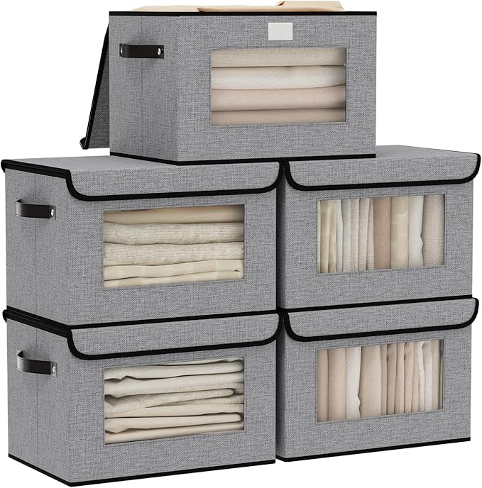 Foldable Storage Baskets with Lids, Fabric Closet Organizers with Handles, 13 x 9.1 x 7.9 Inch Storage Boxes for Shelves, Gray, 5-Pack