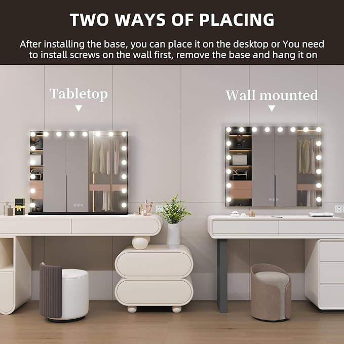 Vanity Mirror with Lights,Makeup Mirror with 17 Dimmable LED Bulbs, 3 Color Lighting Modes Detachable 10X Magnification Mirror Touch Control, 23.6X19,7 inch, Black