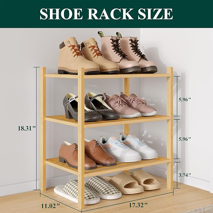 Smiry Small Bamboo Shoe Rack 3-Tier, Stackable Wooden Shoe Organizer for Entryway & Closet, Free Standing Wood Shoe Storage Shelf for Front Door & Small Spaces, Natural